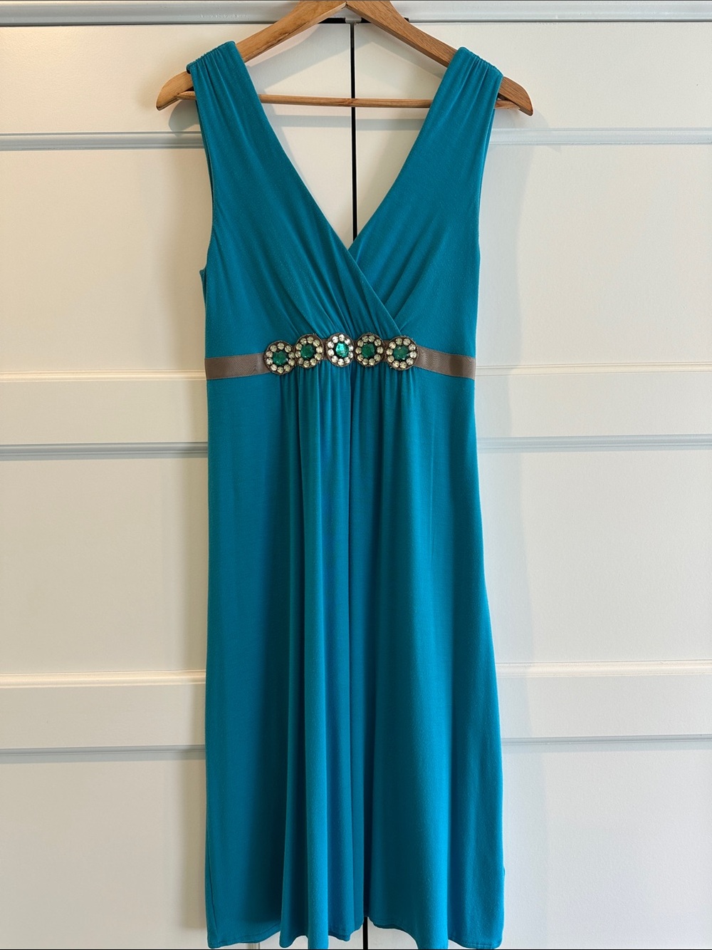 Boden Teal Sleeveless V-Neck Midi Dress with Jeweled Waist